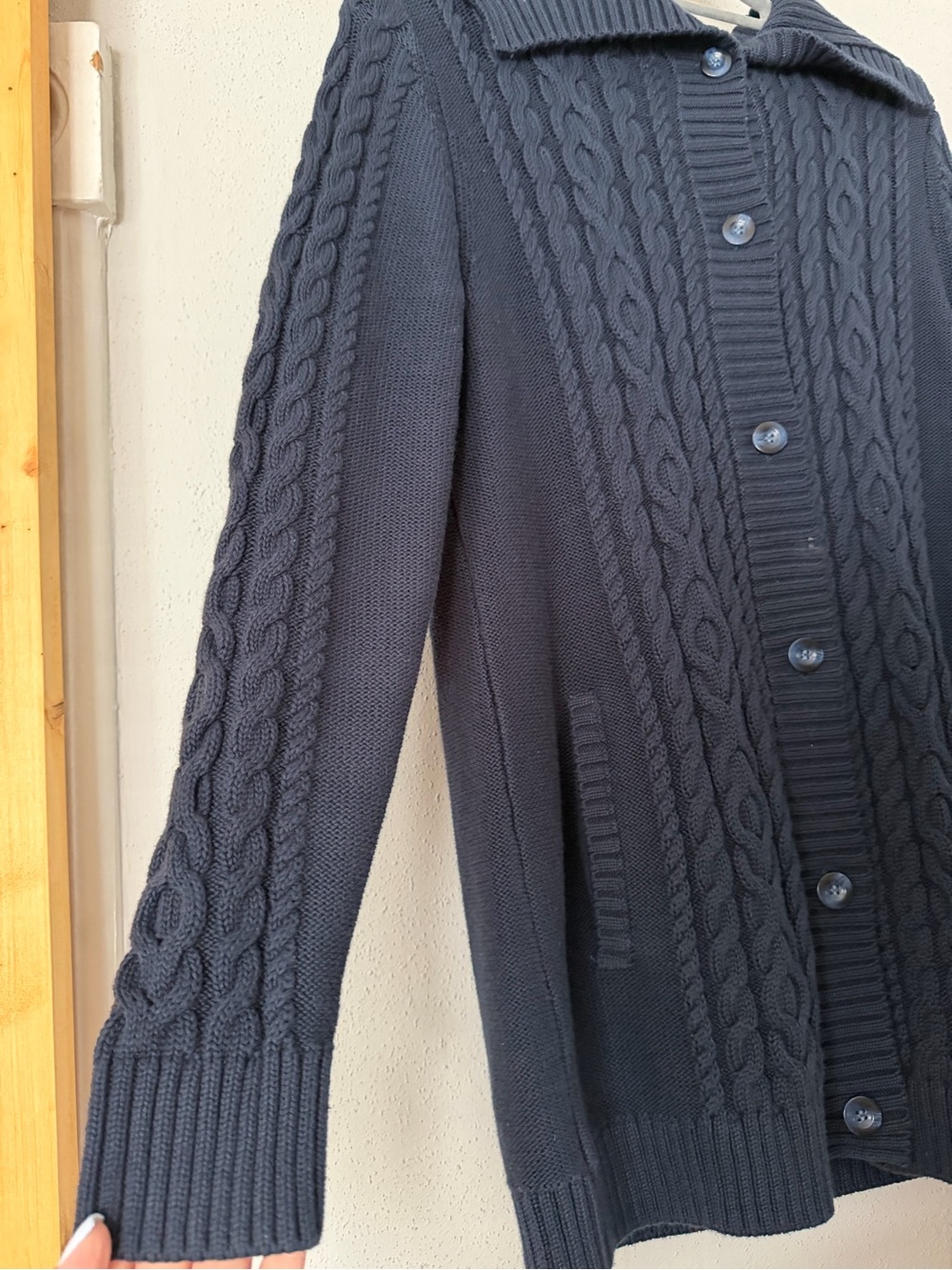 L.L. Bean 100% Cotton Cable Knit Long Button Front Cardigan Sweater Navy M REG - Picture 3 of 10